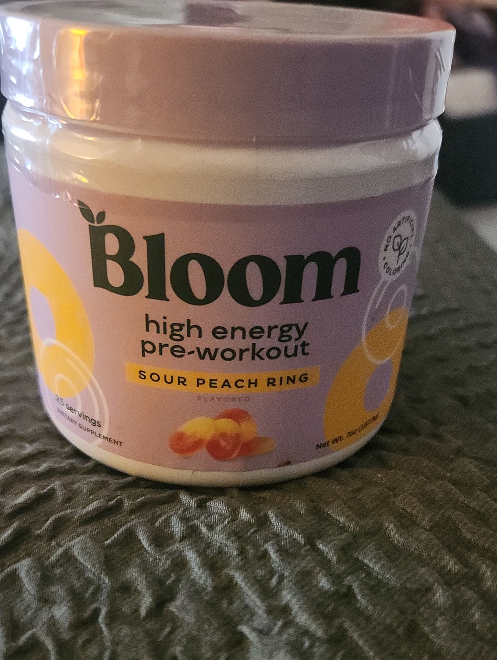 Bloom Sour Peach Ring Pre-Workout - Lavender and Yellow Jar